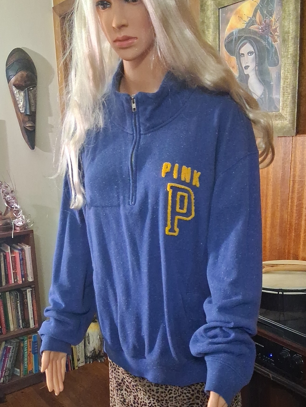 PINK Victoria's Secret Blue Quarter-Zip Sweater with Yellow P Logo